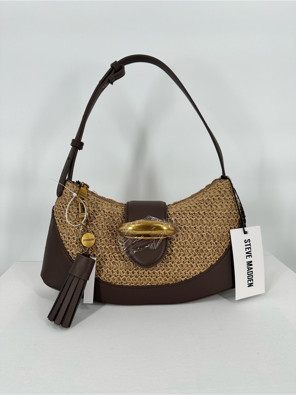 STEVE MADDEN Woven Crescent Raffia Boho Natural Brown Shoulder Crossbody Bag NWT - Picture 3 of 14